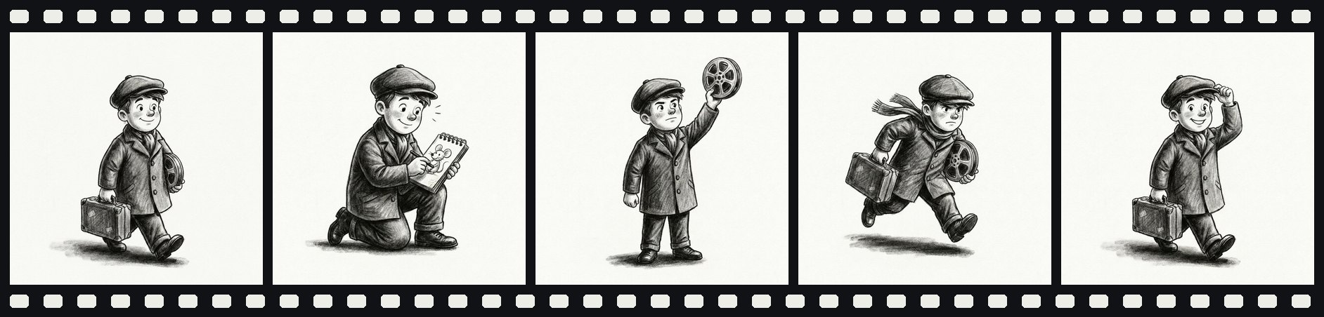 A film strip of five charcoal frames showing the character walking, drawing a mouse, holding up a film reel, running forward, and tipping his cap
