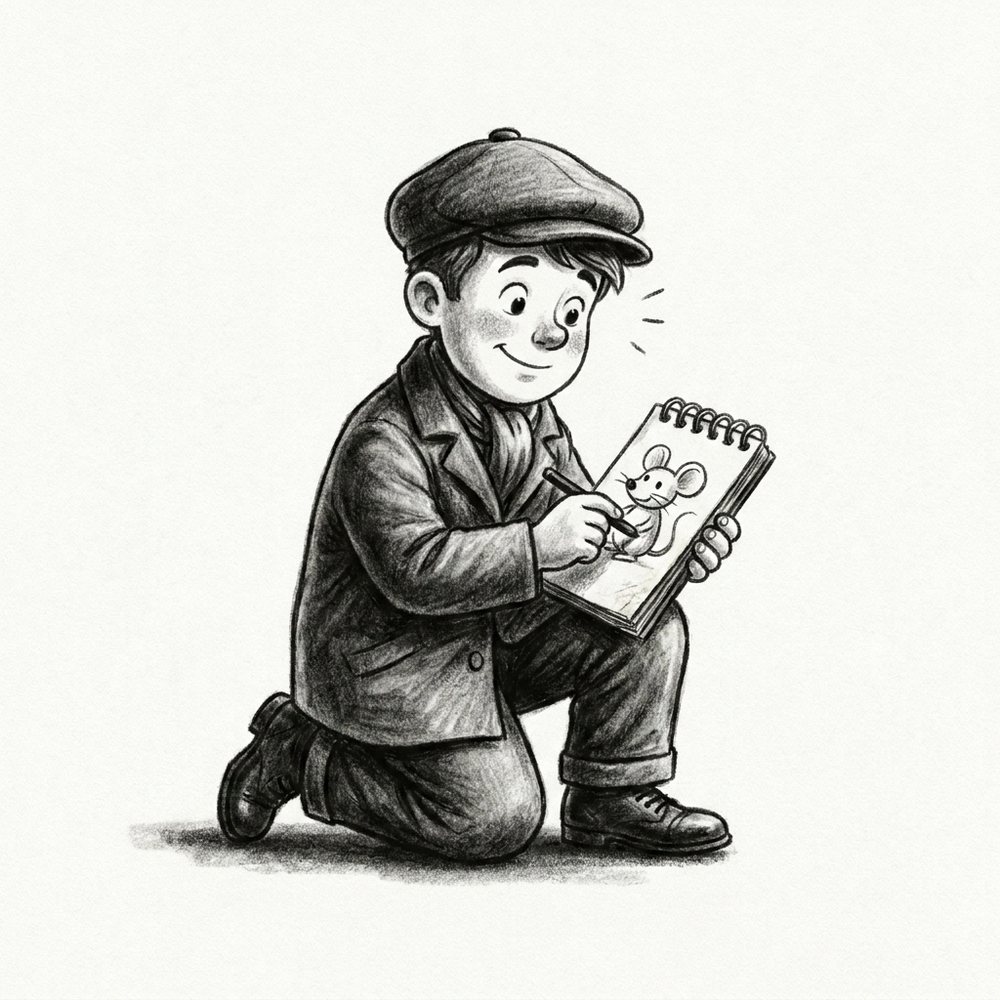 A charcoal drawing of the same young man kneeling and sketching a small mouse on a notepad