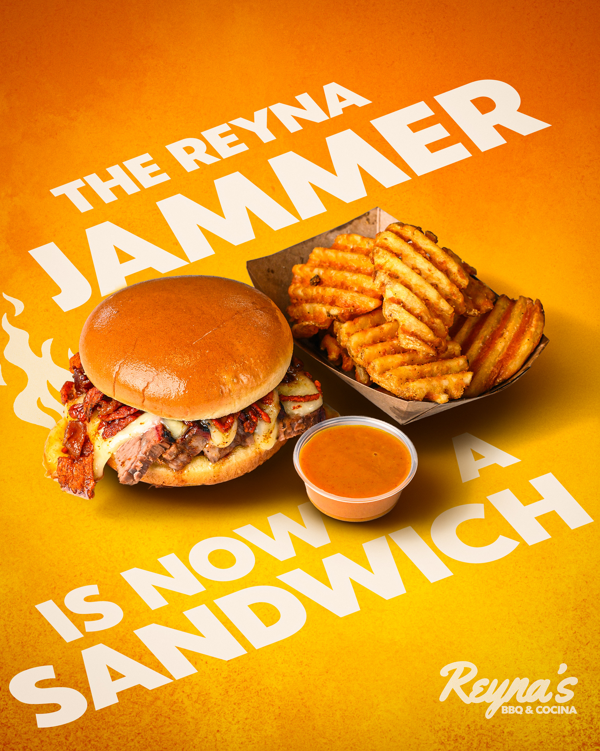 Finished Reyna Jammer branded social graphic using the sandwich, waffle fries, and sauce from the photo