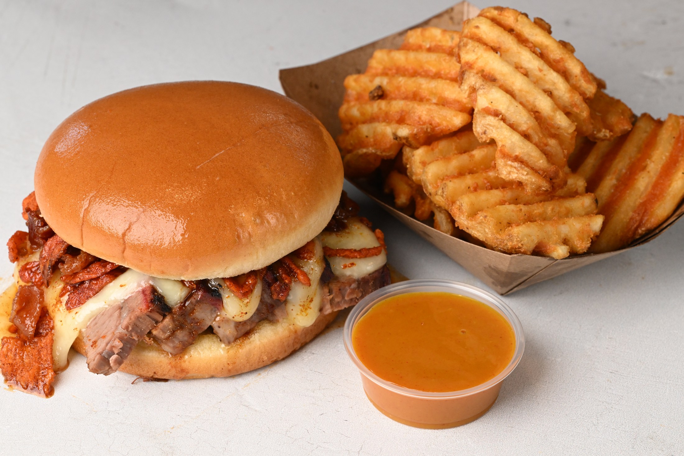 Reyna Jammer brisket sandwich with waffle fries and sauce, photographed before campaign design