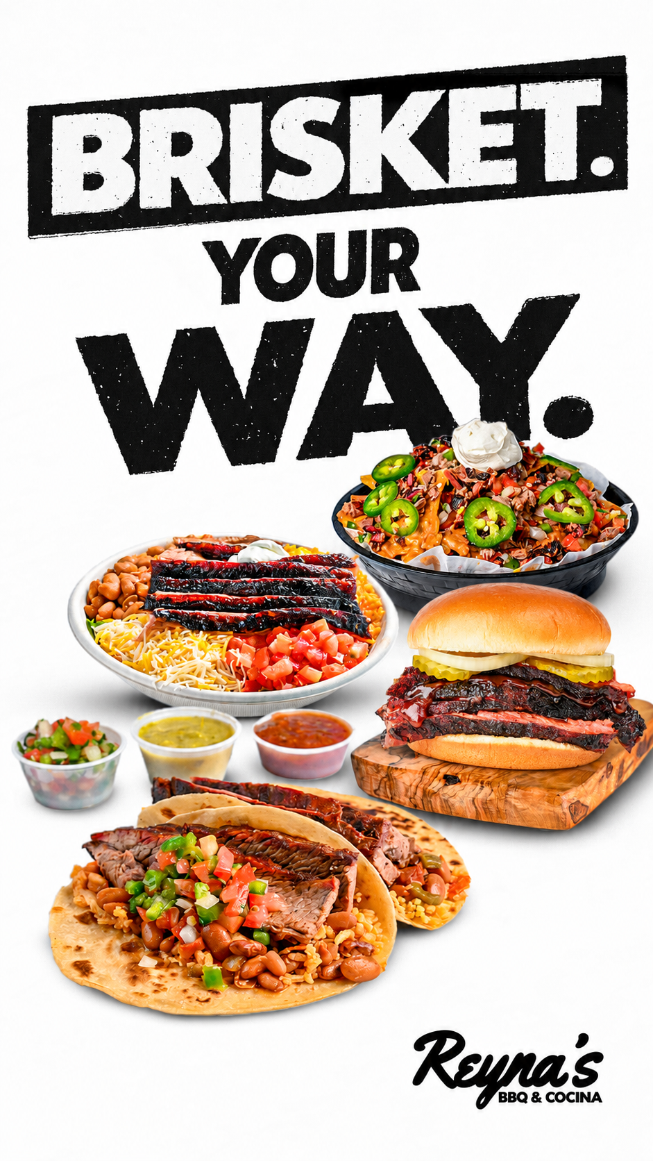 Reyna’s Brisket Your Way story-size ad with the same brisket sandwich as the wide banner