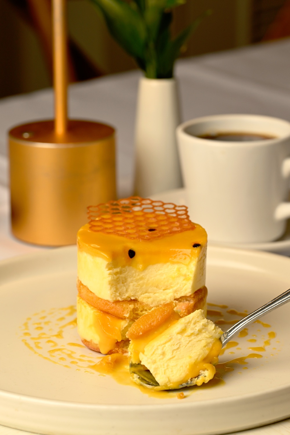 Honey cake plated with coffee