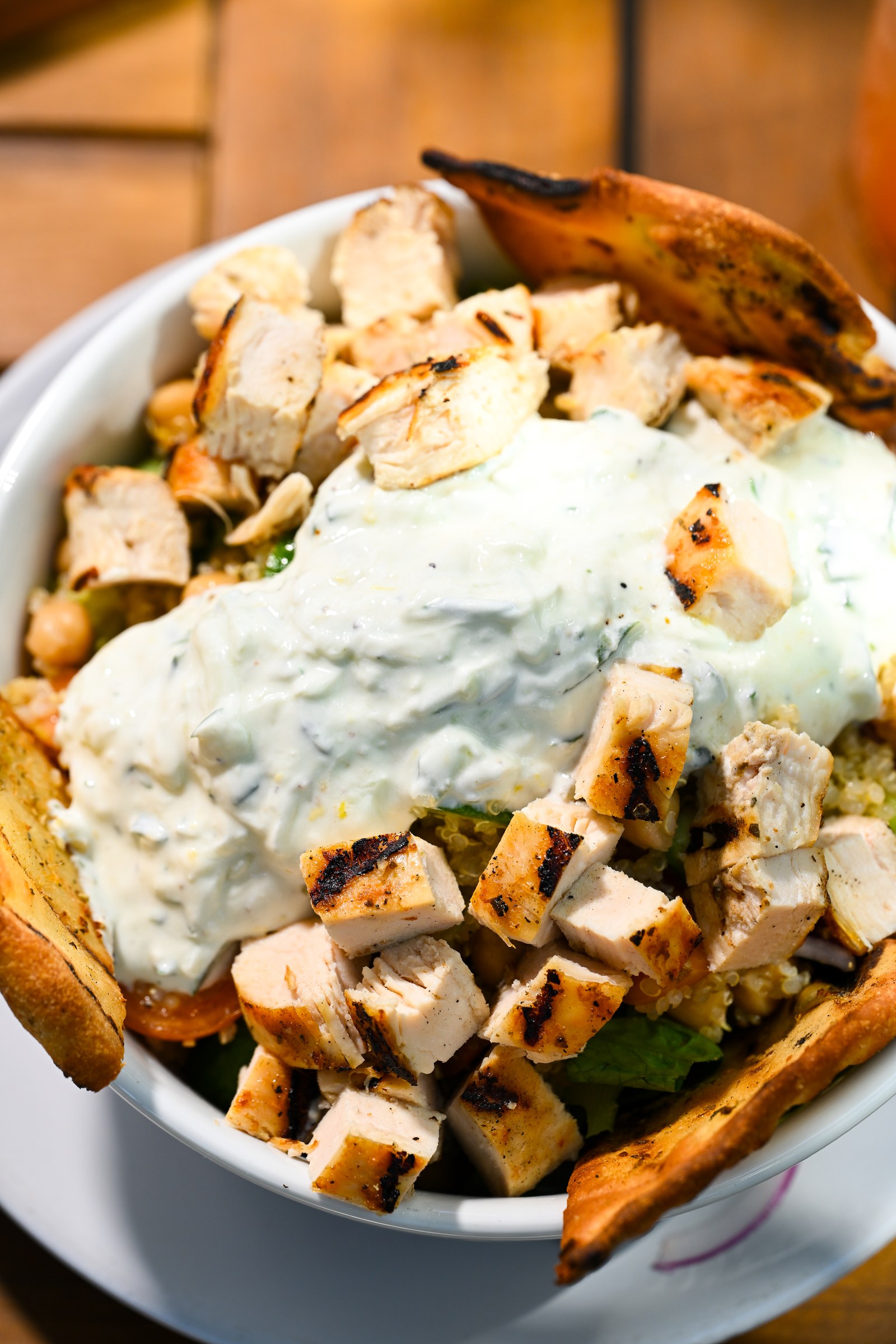 Chicken salad with creamy dressing and toasted pita